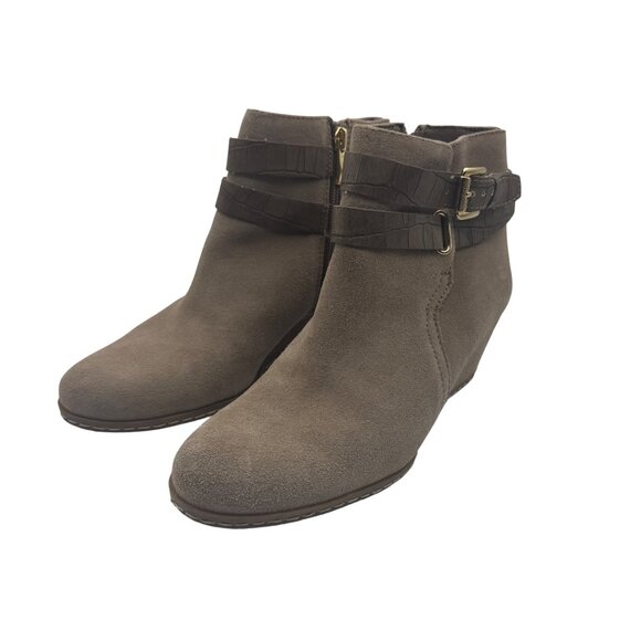Taupe Suede Faux Leather Strap Wedge Boots Size 7 Franco Sarto - Picture 1 of 11